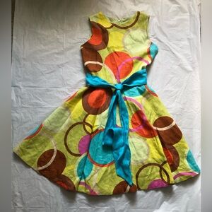 Susanne Lively Designs Girls Size 10 Linen Sleeveless Dress Yellow Green Circles